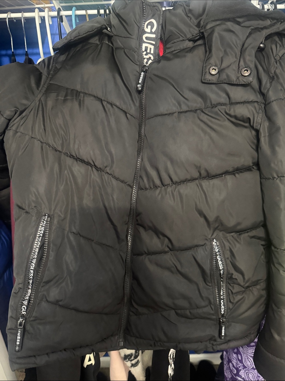 GUESS Black Quilted Puffer Jacket with Branded Trim